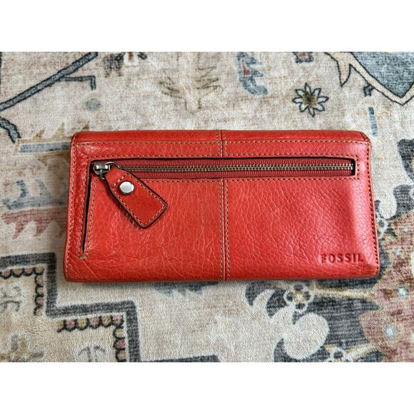 Fossil Leather Tri Fold Wallet Y2k Genuine Leather Pocket Book Coral Red - Picture 5 of 8